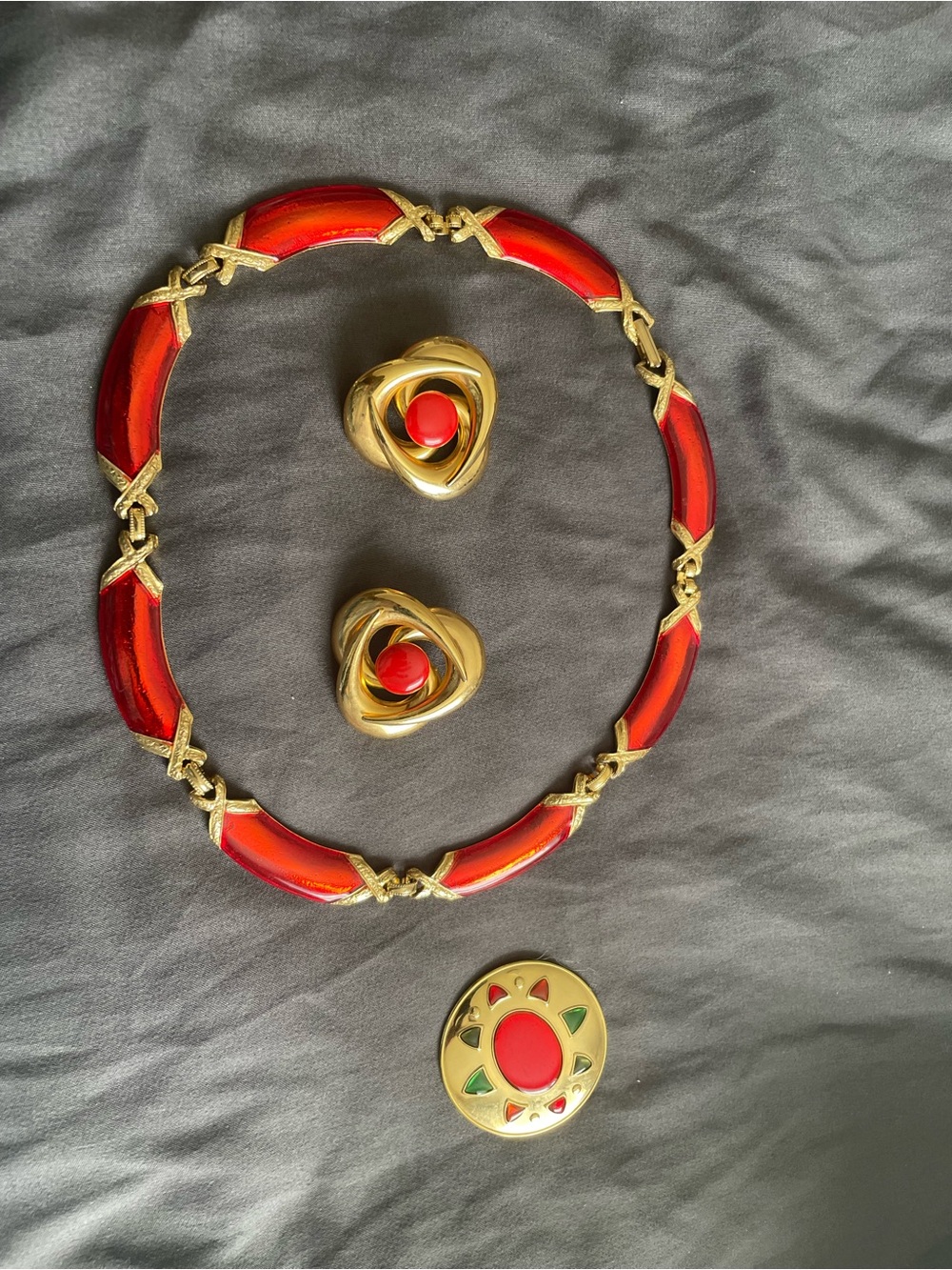 Gold-Tone Necklace and Earring Set with Red Enamel Accents